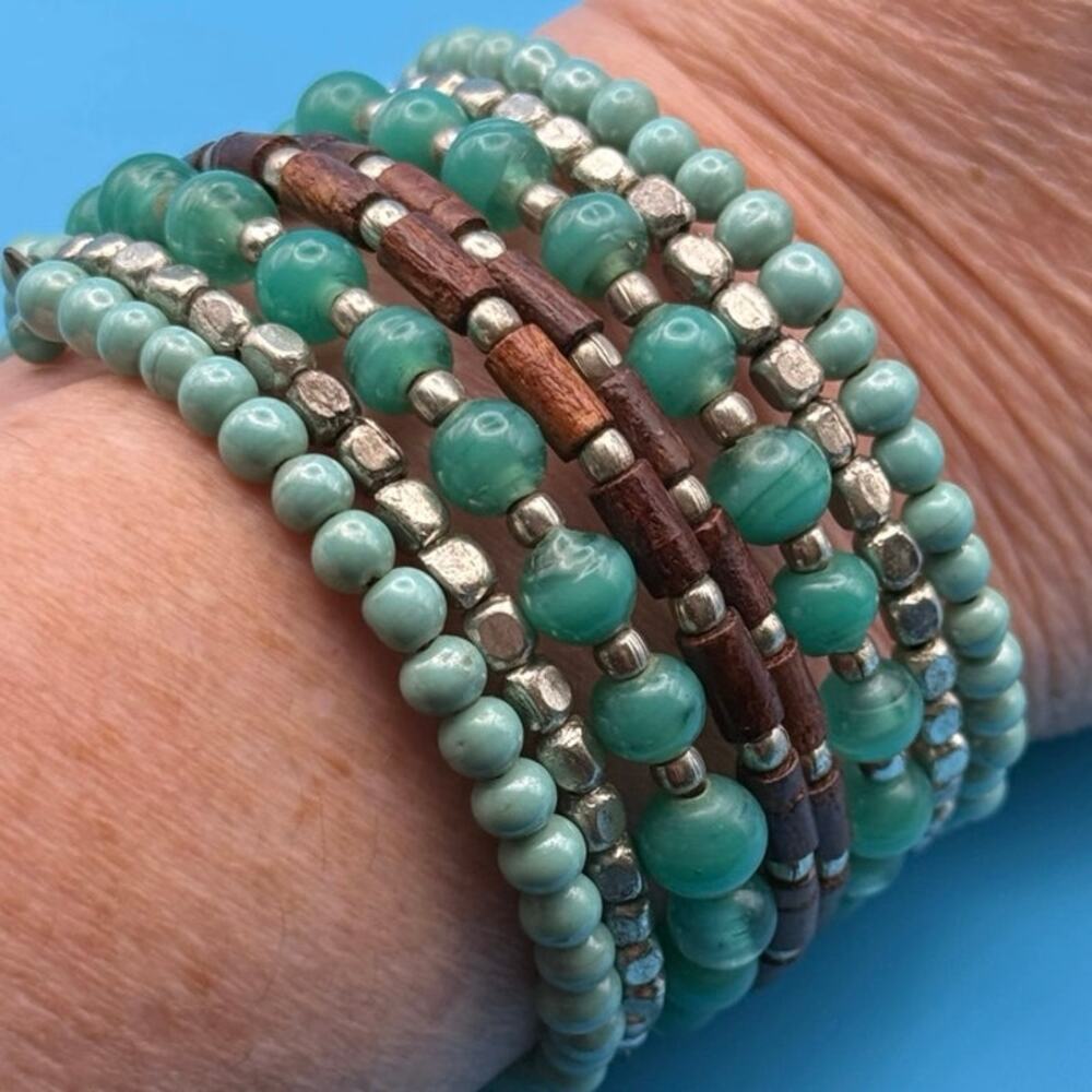 Vintage Coil Bracelet • Turquoise, Silver & Wood Beads • Flexible Wrap • Boho